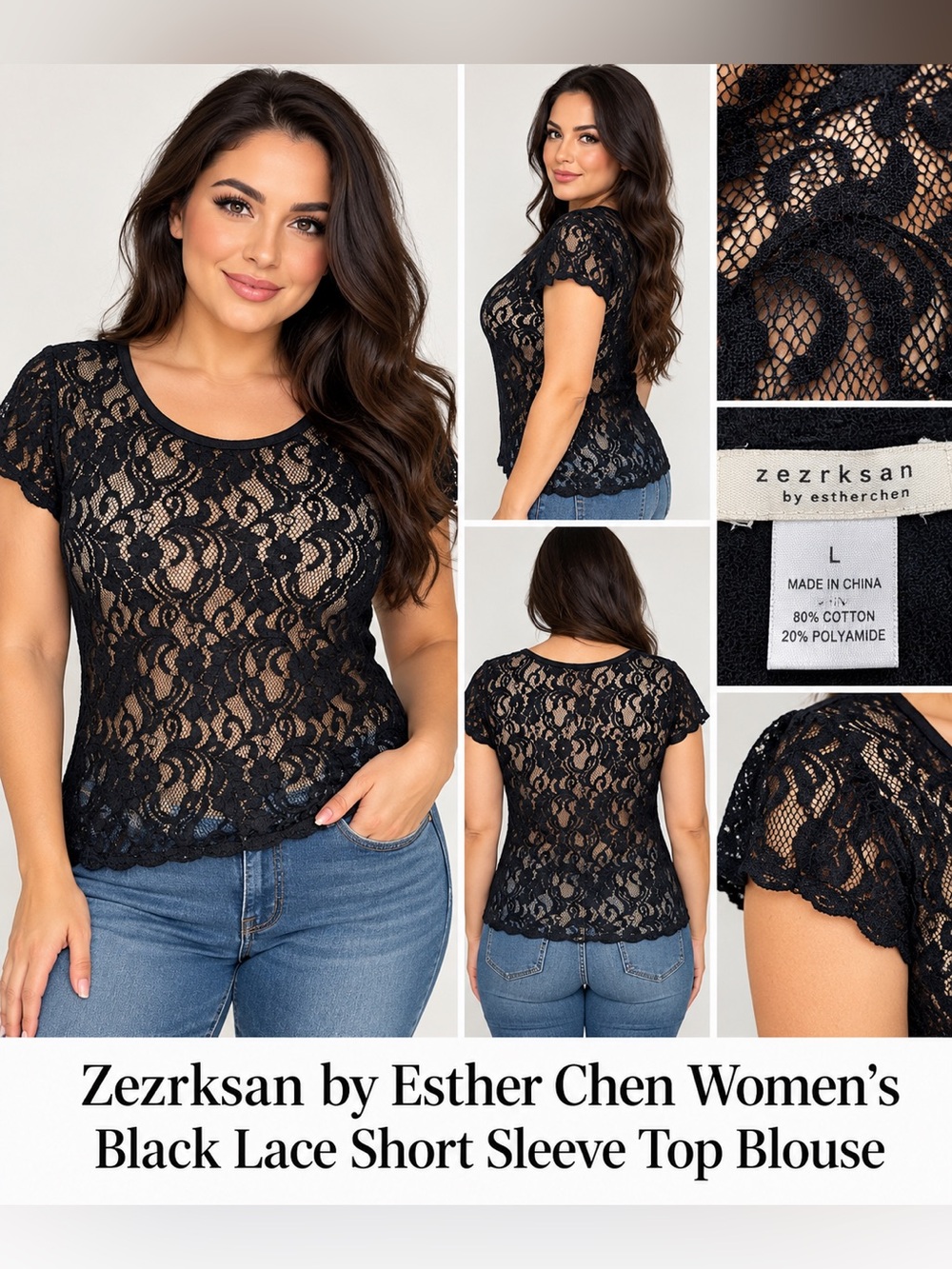Zezrksan by Esther Chen Women's Black Lace Short Sleeve Top Blouse